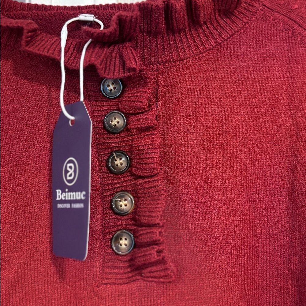 Red Ruffled Button Sweater - Picture 3 of 4